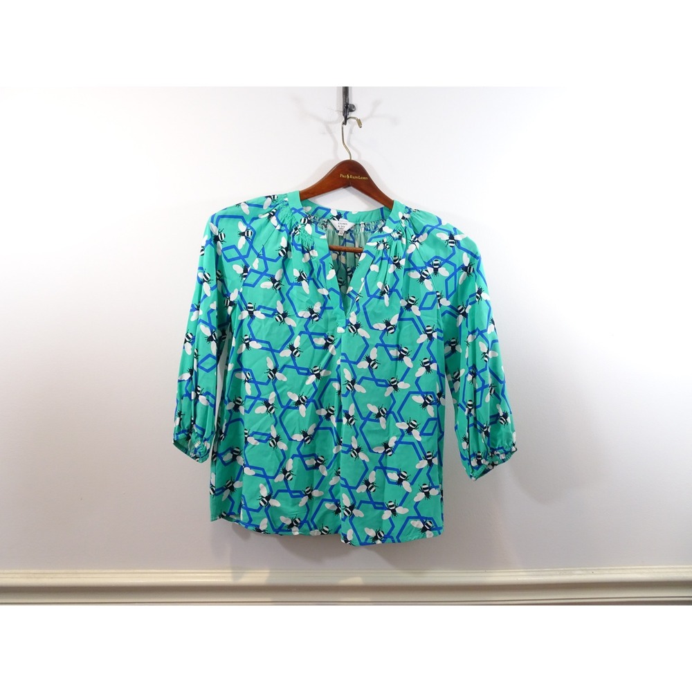Crown & Ivy Petite Blouse Green Blue Honeycomb Bumblebee Print Rayon Top PS